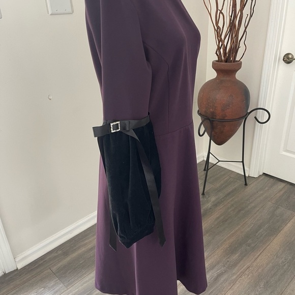 NWT Touch Women Dress Fit to Flare Size 40EU 12US Eggplant Black MIDI Poly Blend - Picture 2 of 11